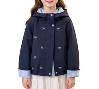 Kids Waterproof Jacket Girls Rain Jackets Bow Print Cute Graphic Hooded Raincoat with Plaid Lining Warm Windbreaker Fashion Rain Coat Full Zip Outdoors Clothes School Outwear (Navy, 4-5 Years)