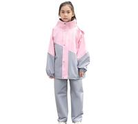Kids Waterproof Suit, Hooded Raincoat Jacket and Trousers Set Puddle Suit with Zip for Boys Girls 8-14 Years n51 Pink