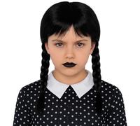 Kids Wednesday Wig - Black Braided Plaits with Center Part | Addams Family Inspired Girls Halloween Fancy Dress Accessory | Ages 7-14 Years Gothic Cosplay Hairpiece