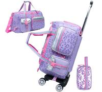 Kids Wheeled Travel Bag Rolling Bag with Wheels and Handle with Makeup Bag Travel Toiletry Bag, purple love