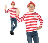 Smiffys Where's Wally Instant Kit, Childrens Red & White Top, Hat & Glasses, Official License Kit with Iconic Logo, Perfect for Themed Parties or World Book Day or Halloween