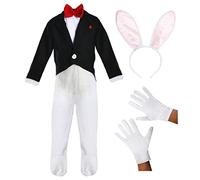 Kids White Rabbit Costume - Rabbit Costume with Attached Black Frock Coat and Rabbit Ears - Boys Girls Wonderland Rabbit World Book Day Fancy Dress Costume