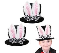 Kids White Rabbit Hat Costume Accessory - Girls & Boys White Rabbit Fancy Dress Accessory - White Rabbit Black Top Hat With Checkered Band & Bow, & Fluffy White Bunny Ears - Pack Of 2