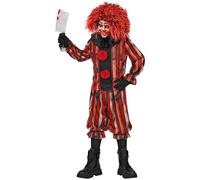 Kids Wicked Clown Costume Red Coat Trousers Ruff Halloween Scary Fancy Dress