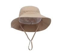 Kids Wide Brim Bucket Hat with Adjustable Chin Strap Mesh Breathable Beach Hats Sun Protection Floppy Cap UV Protection Caps Summer Casual Safari Hats for Boys Girls Outdoor Activities (Khaki, XS)