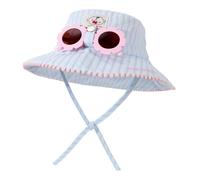 Kids Wide Brim Sun Hat with Detachable Sunglasses Adjustable Striped Summer Bucket Hat for Girls UV Protection Outdoor Beach Cap for 4-10 Years Blue