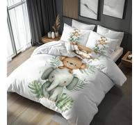 Kids Wild Animals Single Bed Duvet Cover Set 2 Piece with 1 Pillowcase, Cute Elephant Monkey Bear Patterned Bedroom Decor Bedding, Soft Microfibre Quilt Cover with Zip PG-27