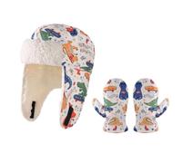 Kids Winter Beanie Cap and Mitten with Earflaps 2-In-1 Knit Trapper Hat Gloves Set for Boys Girls Fleece Lined Cute Print Thermal Hat Gloves Ear Warmer for Children 4-5 Years Old Outdoor Cold Weather