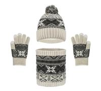Kids Winter Beanie Hat Scarf and Gloves Set 3 Pieces Warm Thick Knit Crochet Fluffy Hat with Cute Pom Pom for Boys and Girls Children Aged 6-10 Years Old (Beige White)