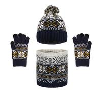 Kids Winter Beanie Hat Scarf and Gloves Set 3 Pieces Warm Thick Knit Crochet Hat with Cute Pom Pom for Boys and Girls Children Aged 6-10 Years Old (Navy Blue)