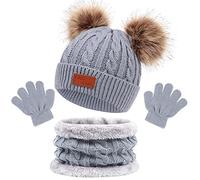 Kids Winter Beanie Hat Scarf Gloves Set 3 in1, 3Pcs Knit Warm Toddler Winter Cap Gloves Neck Warmer for Boys Girls 1-6 Year, Winter Accessories Sets for Children Outdoor Sports (Grey)