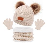 Kids Winter Beanie Hat Scarf Gloves Set 3 in1, 3Pcs Knit Warm Toddler Winter Cap Gloves Neck Warmer for Boys Girls 1-6 Year, Winter Accessories Sets for Children Outdoor Sports (Beige)
