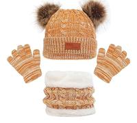 Kids Winter Beanie Hat Scarf Gloves Set, Thermal Knitted Pom Bobble Hat Scarf Gloves Set with Fleece Lining for Boys and Girls 2-8,Children Winter Warm Accessories Set for Outdoor Sports (Yellow)