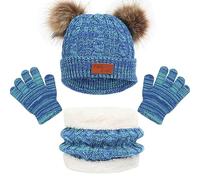 Kids Winter Beanie Hat Scarf Gloves Set, Thermal Knitted Pom Bobble Hat Scarf Gloves with Fleece Lining for Boys and Girls 2-8, Children Winter Warm Accessories for Outdoor Sports (Blue)