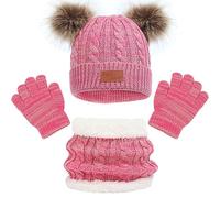 Kids Winter Beanie Hat Scarf Gloves Set, Thermal Knitted Pom Bobble Hat With Fleece Lining for Boys and Girls 2-8, Children Winter Warm Accessories for Outdoor Sports (Pink)