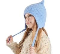 Kids Winter Cat Ears Knitted Earflap Hat 4-10Y Boys Girls Cartoon Beanie Hat with String Children Warm Solid Color Plush Cap Anti-Cold Ears Protect Accessory Outdoor Cycling Skiing Thermal Skull Cap