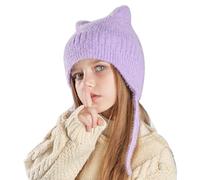 Kids Winter Cat Ears Knitted Earflap Hat 4-10Y Boys Girls Cartoon Beanie Hat with String Children Warm Solid Color Plush Cap Anti-Cold Ears Protect Accessory Outdoor Cycling Skiing Thermal Skull Cap