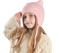 Kids Winter Cat Ears Knitted Earflap Hat 4-10Y Boys Girls Cartoon Beanie Hat with String Children Warm Solid Color Plush Cap Anti-Cold Ears Protect Accessory Outdoor Cycling Skiing Thermal Skull Cap