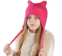 Kids Winter Cat Ears Knitted Earflap Hat 4-10Y Boys Girls Cartoon Beanie Hat with String Children Warm Solid Color Plush Cap Anti-Cold Ears Protect Accessory Outdoor Cycling Skiing Thermal Skull Cap