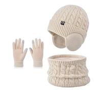 Kids Winter Hat Scarf Gloves Set Thermal Knit Hat With Warm Ear Covers Fleece Lining Elastic Neck Warmer Touchscreen Mitten for Children Aged 4-10 Cold Weather Outdoor Sports (Beige)