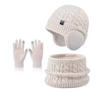 Kids Winter Hat Scarf Gloves Set Thermal Knit Hat With Warm Ear Covers Fleece Lining Elastic Neck Warmer Touchscreen Mitten for Children Aged 4-10 Cold Weather Outdoor Sports (Beige-Mix)