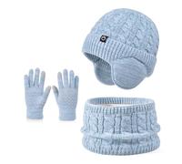 Kids Winter Hat Scarf Gloves Set Thermal Knit Hat With Warm Ear Covers Fleece Lining Elastic Neck Warmer Touchscreen Mitten for Children Aged 4-10 Cold Weather Outdoor Sports (Light Green-Mix)