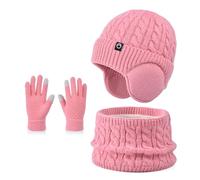 Kids Winter Hat Scarf Gloves Set Thermal Knit Hat With Warm Ear Covers Fleece Lining Elastic Neck Warmer Touchscreen Mitten for Children Aged 4-10 Cold Weather Outdoor Sports (Pink2)