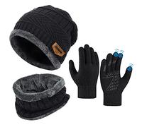 Kids Winter Hat Scarf Gloves Set - Warm Thermal Knitted Beanie Cap Snood Neck Warmer Touchscreen Anti-slip Mitten Outdoor Sports Soft Fleece Lining Elastic for Children Boys Girls Black Aged 5-10