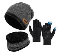 Kids Winter Hat Scarf Gloves Set - Warm Thermal Knitted Beanie Cap Snood Neck Warmer Touchscreen Anti-slip Mitten Outdoor Sports Soft Fleece Lining Elastic for Children Boys Girls Grey Aged 5-10