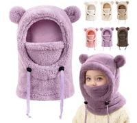 Kids Winter Hat Warm 3-in-1, Children Soft Plush Full Cover Hats with Neck Warmer - Adjustable Drawstring & Cute Fluffy Ears, Winter Thermal Fleece Balaclava for 3-10 Years Kids (Purple)
