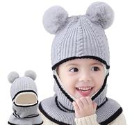 Kids Winter Knit Hat Hooded Scarf Set 2-5 Years Double Pom Pom Coif Hood Cap Hat Thicken Fleece Lined Bobble Hat Crochet Neck Warmer Neck Collar Head Wraps Earflap Beanies Caps for Girls Boys