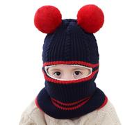 Kids Winter Knit Hat Hooded Scarf Set 2-5 Years Double Pom Pom Coif Hood Cap Thicken Fleece Lined Bobble Hat Crochet Neck Warmer Neck Collar Head Wraps Earflap Beanies Caps for Girls Boys