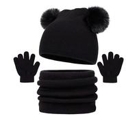 Kids Winter Knitted Hat Scarf and Gloves Set 3pcs, Toddler Winter Warm PomPom Bobble Hat Beanie Thermal Fleece Neck Warmer Touchscreen Mitten Cold Weather 3 Piece Set for Boys and Girls 2-12 Years