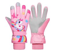 Kids Winter Ski Gloves Pink Unicorn Waterproof Anti Slip Plush Thermal Snowboard Gloves for Children Girls and Boys Age 5-7