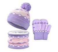 Kids Winter Warm Beanie Hat Scarf Gloves Set Baby Toddler Thermal Knitted Pom Pom Hat Snood Scarf and Gloves Set Children Fleece Lining Bobble Hat Neck Warmer and Mitten for Boys Girls 1-6 Years Old