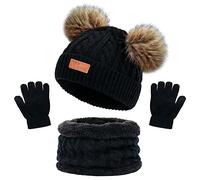 Kids Winter Warm Beanie Hat Scarf Gloves Set Thermal Knit Crochet Thick Fluffy Toddler Scarf Double Pom Pom Bobble Hat with Faux Fur for Girls Boys Children Toddler Aged 3-8