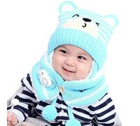 Kids Winter Warm Beanie Hat Scarf Set Children Thermal Knit Thick Scarf Toddlers Warm Ear Flap Cap Cute Small Bear Winter Hat Hood Monk Beanie Hats for Boys Baby Girls（Blue，One Size）