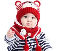 Kids Winter Warm Beanie Hat Scarf Set Children Thermal Knit Thick Scarf Toddlers Warm Ear Flap Cap Cute Small Bear Winter Hat Hood Monk Beanie Hats for Boys Baby Girls（Red，One Size）