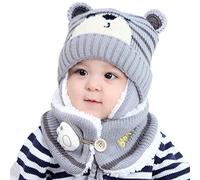 Kids Winter Warm Beanie Hat Scarf Set Children Thermal Knit Thick Scarf Toddlers Warm Ear Flap Cap Cute Small Bear Winter Hat Hood Monk Beanie Hats for Boys Baby Girls(Gray,One Size)