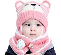 Kids Winter Warm Beanie Hat Scarf Set Children Thermal Knit Thick Scarf Toddlers Warm Ear Flap Cap Cute Small Bear Winter Hat Hood Monk Beanie Hats for Boys Baby Girls（Pink，One Size）
