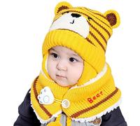 Kids Winter Warm Beanie Hat Scarf Set Children Thermal Knit Thick Scarf Toddlers Warm Ear Flap Cap Cute Small Bear Winter Hat Hood Monk Beanie Hats for Boys Baby Girls(Yellow,One Size)