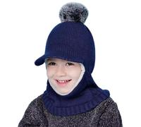 Kids Winter Warm Hats Earflap Hood Scarf Set 2-6 Years Kids Fleece Lining Knit Pompom Beanie Hat with Visor 3 in 1 Warm Hood Hat with Neck Face warmer Windproof Ski Cycling Caps for Boys Girls