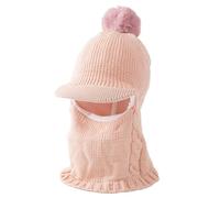 Kids Winter Warm Hats Earflap Hood Scarf Set 2-6 Years Kids Fleece Lining Knit Pompom Beanie Hat with Visor 3 in 1 Warm Hood Hat with Neck Face warmer Windproof Ski Cycling Caps for Boys Girls