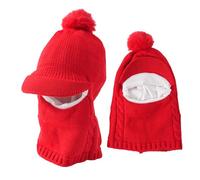 Kids Winter Warm Hats Earflap Hood Scarf Set 2-6 Years Kids Fleece Lining Knit Pompom Beanie Hat with Visor 3 in 1 Warm Hood Hat with Neck Face warmer Windproof Ski Cycling Caps for Boys Girls