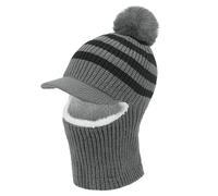 Kids Winter Warm Knitted Balaclava With Visor & Pompom, Girls Boys Thick Cozy Plush Lining Full Hood Trapper Hats Windproof Travel Camping Cycling Ski Cap Hunting Aviator Trooper Hat for 3-8 Yrs