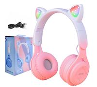 Kids Wireless Bluetooth Headphones, Cat Ear, Foldable, LED Light, Over-Ear, HD Stereo Sound, 5+ Years (Gradient Pink)