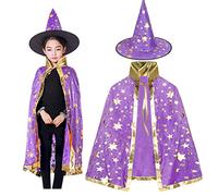 Kids Witch Cape Hat Set Boys Girls Halloween Pumpkin Costume Fancy Dress Up Shiny Star Cloak Party Cosplay Trick Or Treat Outfit 2 in 1 Robe Hat Costume for Children Toddler Height 100-150CM