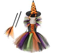 Kids Witch Costume with Hat Broom Fantasy Tulle Dress