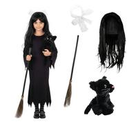 Kids Witch Girl Costume - Medium - Black Dress, Long Wig, White Lace Bow, 3pc Broomstick, Plush Black Cat - Girls School Book Week World Book Day Fancy Dress Costume
