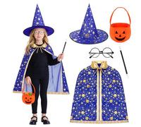 Kids Wizard Cape and Witch Hat Set with Golden Star Pattern,Magical Witch Outfit Kids Wizard Cape Magic Cloak for Children for Cosplay, Masquerade Party Props